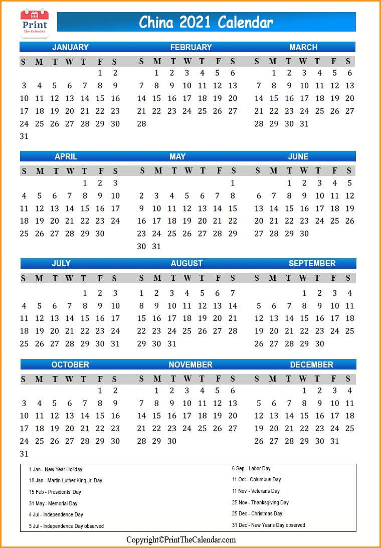 China Calendar 2021